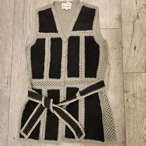 Vintage Rochelle California Black Genuine Leather Cardigan Knit Vest S